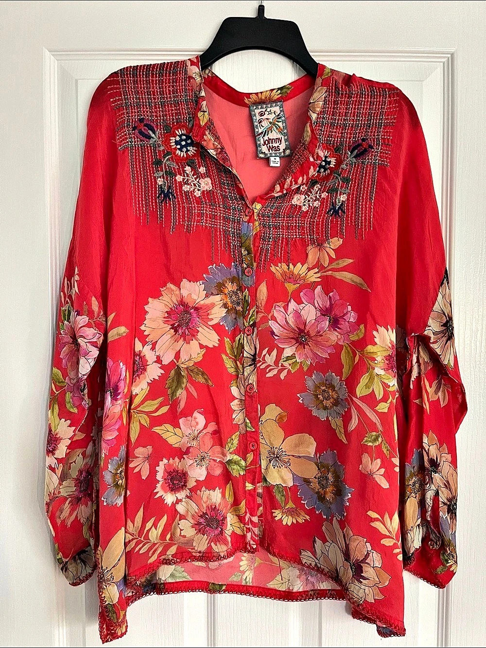 Johnny Was Silk Floral Embroidered Button Down Shirt Blouse Red & Multicolor